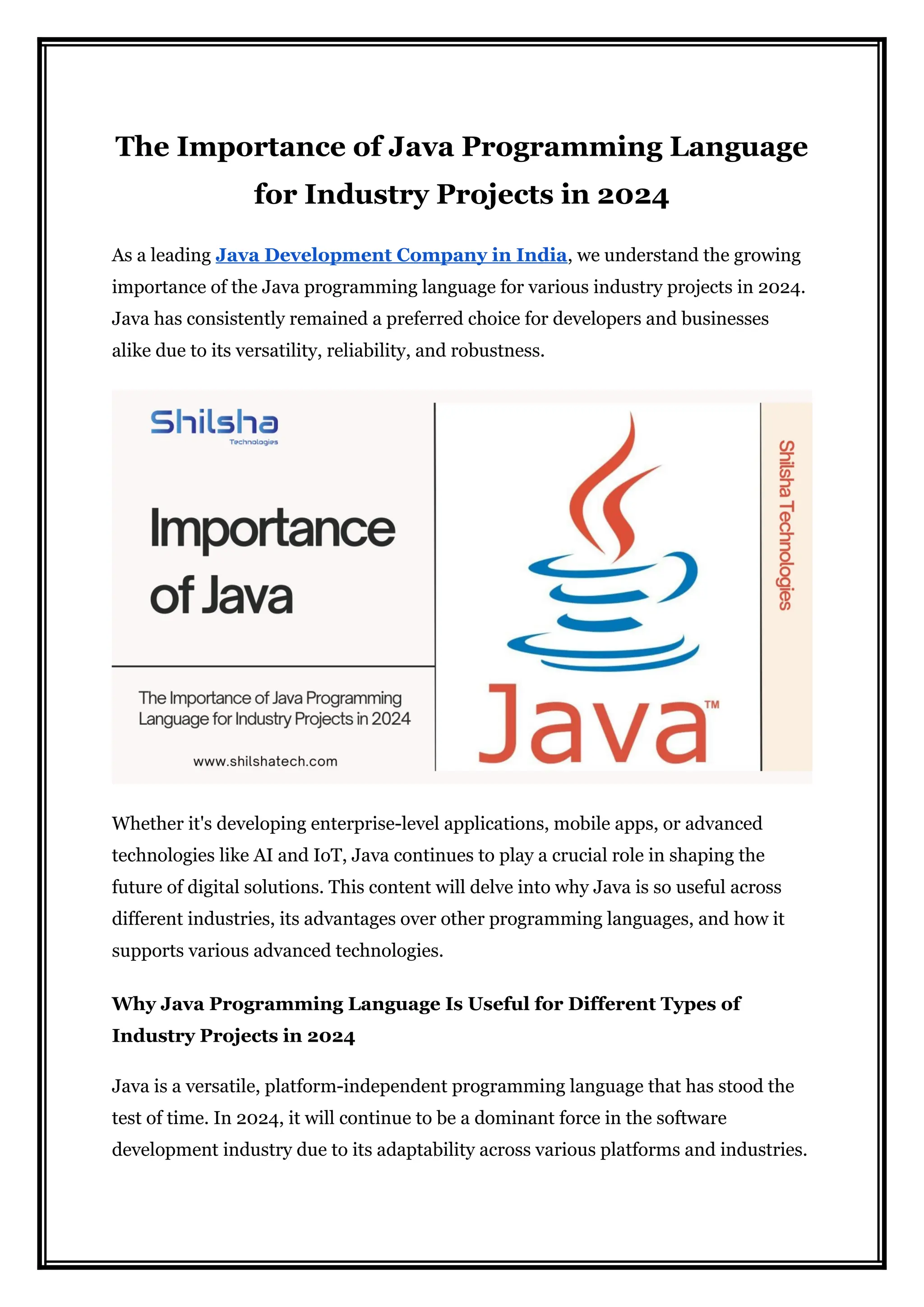 The Importance of Java Programming Language for Industry Projects in ...