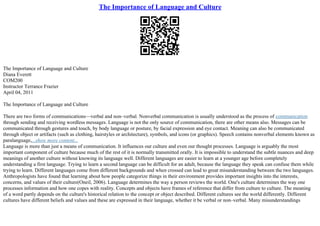 The Importance of Language and Culture
The Importance of Language and Culture
Diana Everett
COM200
Instructor Terrance Frazier
April 04, 2011
The Importance of Language and Culture
There are two forms of communications––verbal and non–verbal. Nonverbal communication is usually understood as the process of communication
through sending and receiving wordless messages. Language is not the only source of communication, there are other means also. Messages can be
communicated through gestures and touch, by body language or posture, by facial expression and eye contact. Meaning can also be communicated
through object or artifacts (such as clothing, hairstyles or architecture), symbols, and icons (or graphics). Speech contains nonverbal elements known as
paralanguage,...show more content...
Language is more than just a means of communication. It influences our culture and even our thought processes. Language is arguably the most
important component of culture because much of the rest of it is normally transmitted orally. It is impossible to understand the subtle nuances and deep
meanings of another culture without knowing its language well. Different languages are easier to learn at a younger age before completely
understanding a first language. Trying to learn a second language can be difficult for an adult, because the language they speak can confuse them while
trying to learn. Different languages come from different backgrounds and when crossed can lead to great misunderstanding between the two languages.
Anthropologists have found that learning about how people categorize things in their environment provides important insights into the interests,
concerns, and values of their culture(Oneil, 2006). Language determines the way a person reviews the world. One's culture determines the way one
processes information and how one copes with reality. Concepts and objects have frames of reference that differ from culture to culture. The meaning
of a word partly depends on the culture's historical relation to the concept or object described. Different cultures see the world differently. Different
cultures have different beliefs and values and these are expressed in their language, whether it be verbal or non–verbal. Many misunderstandings
 