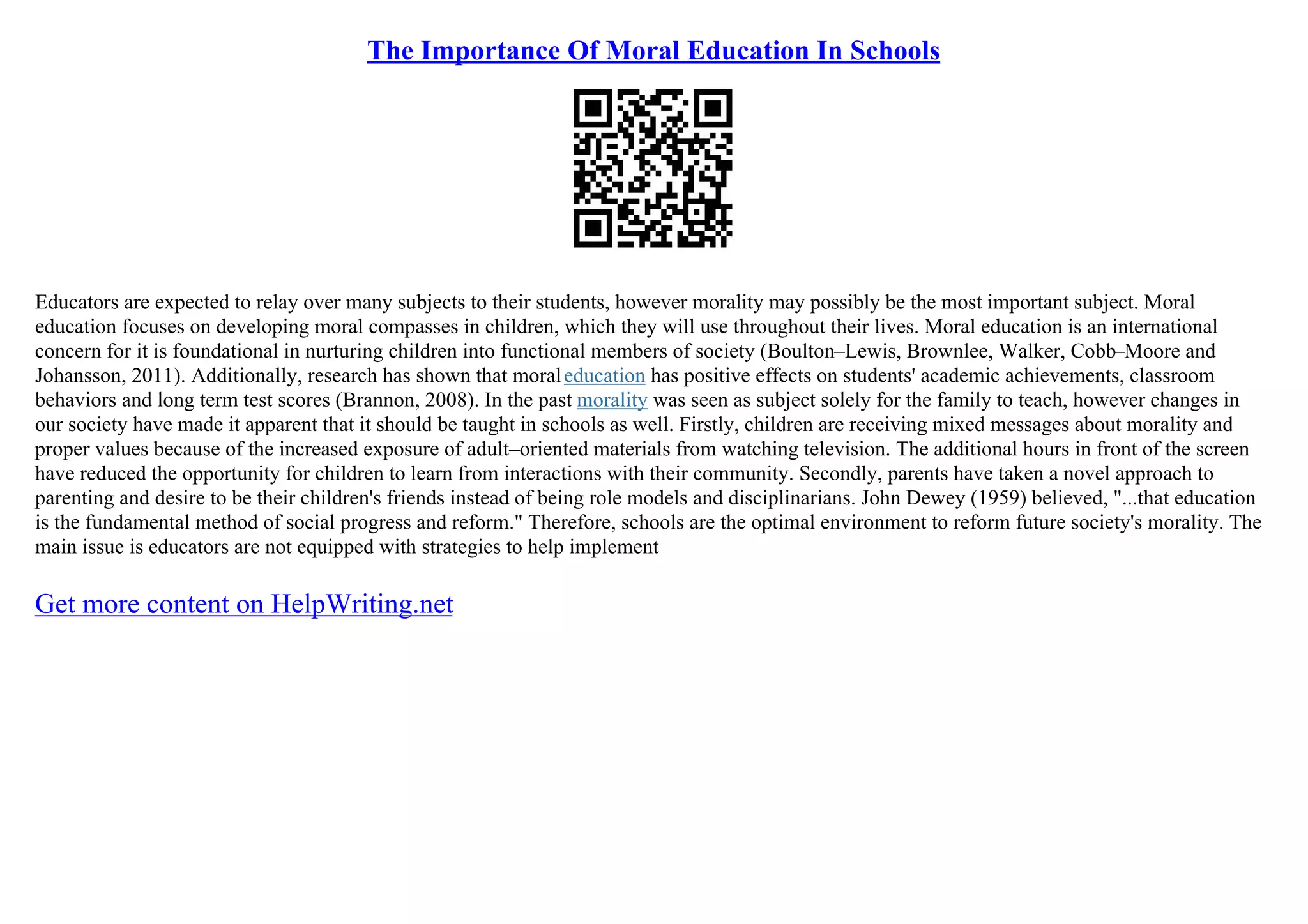 The Importance Of Moral Education In Schools | PDF