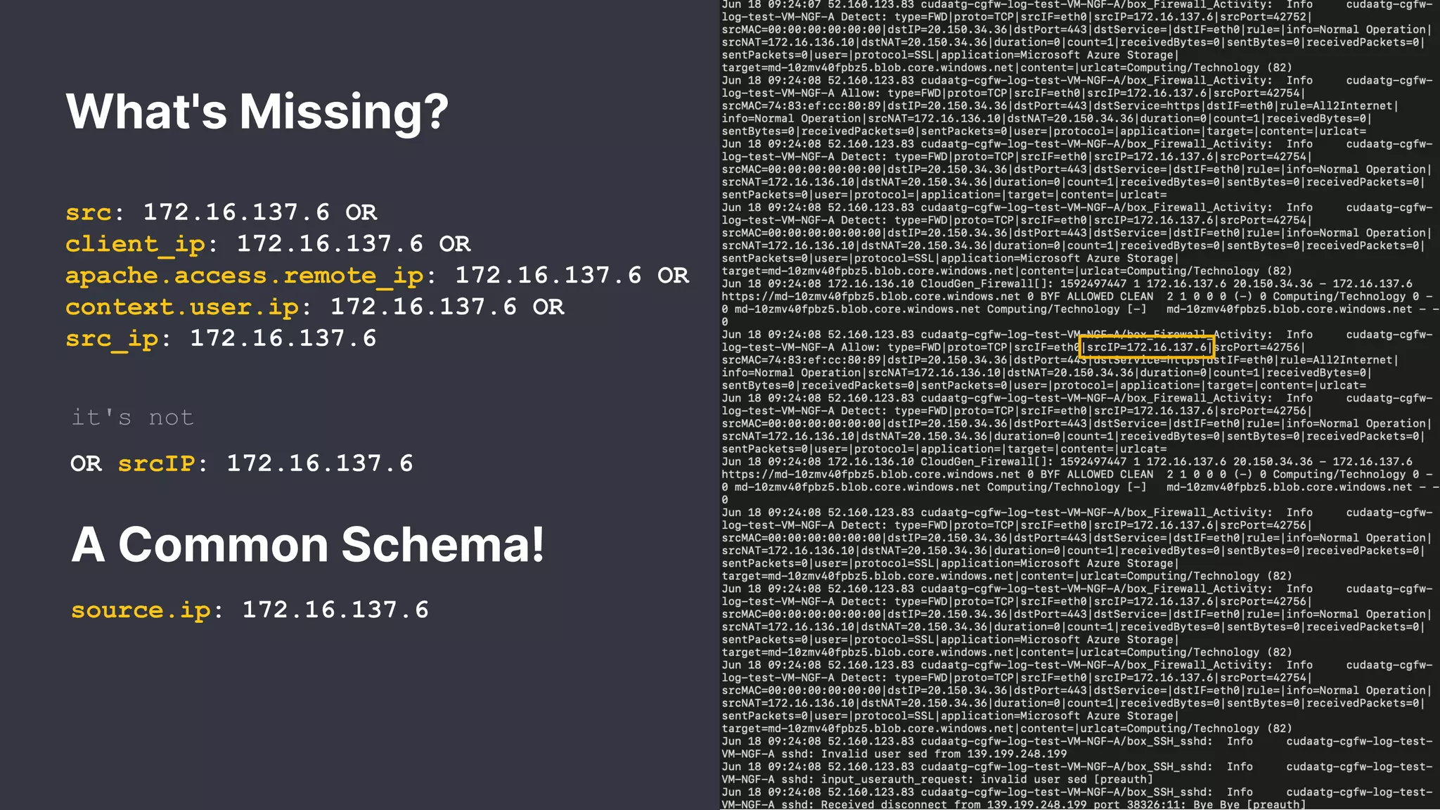 What's Missing?
src: 172.16.137.6 OR
client_ip: 172.16.137.6 OR
apache.access.remote_ip: 172.16.137.6 OR
context.user.ip: 172.16.137.6 OR
src_ip: 172.16.137.6
it's not
OR srcIP: 172.16.137.6
A Common Schema!
source.ip: 172.16.137.6
 