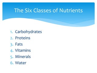 The Six Classes of Nutrients

1.
2.
3.
4.
5.
6.

Carbohydrates
Proteins
Fats
Vitamins
Minerals
Water

 