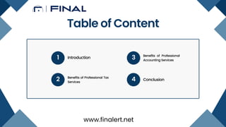 Introduction
Benefits of Professional
Accounting Services
Benefits of Professional Tax
Services
Conclusion
1 3
2 4
Table of Content
www.finalert.net
 