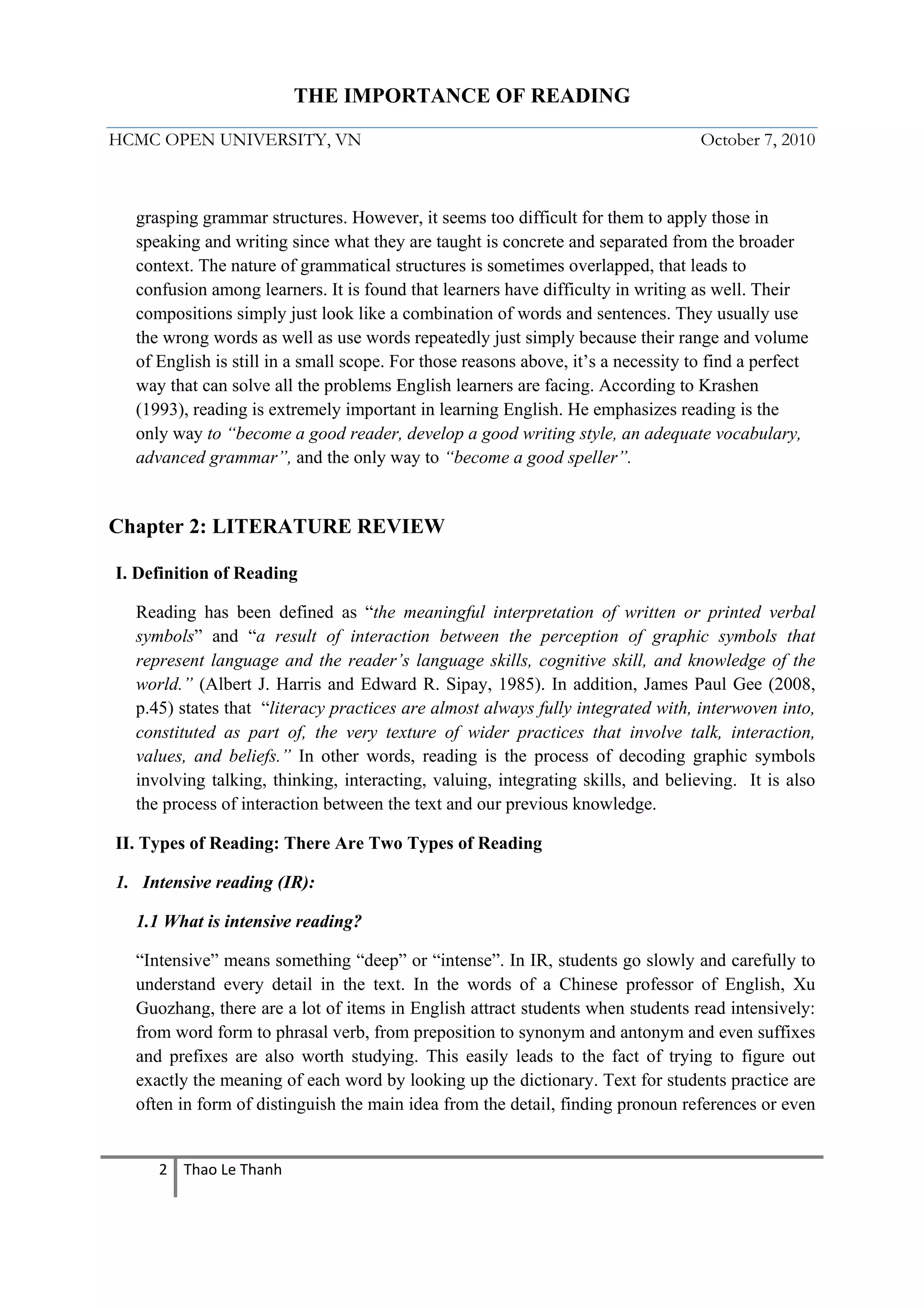 The importance of reading on teaching and learning | PDF