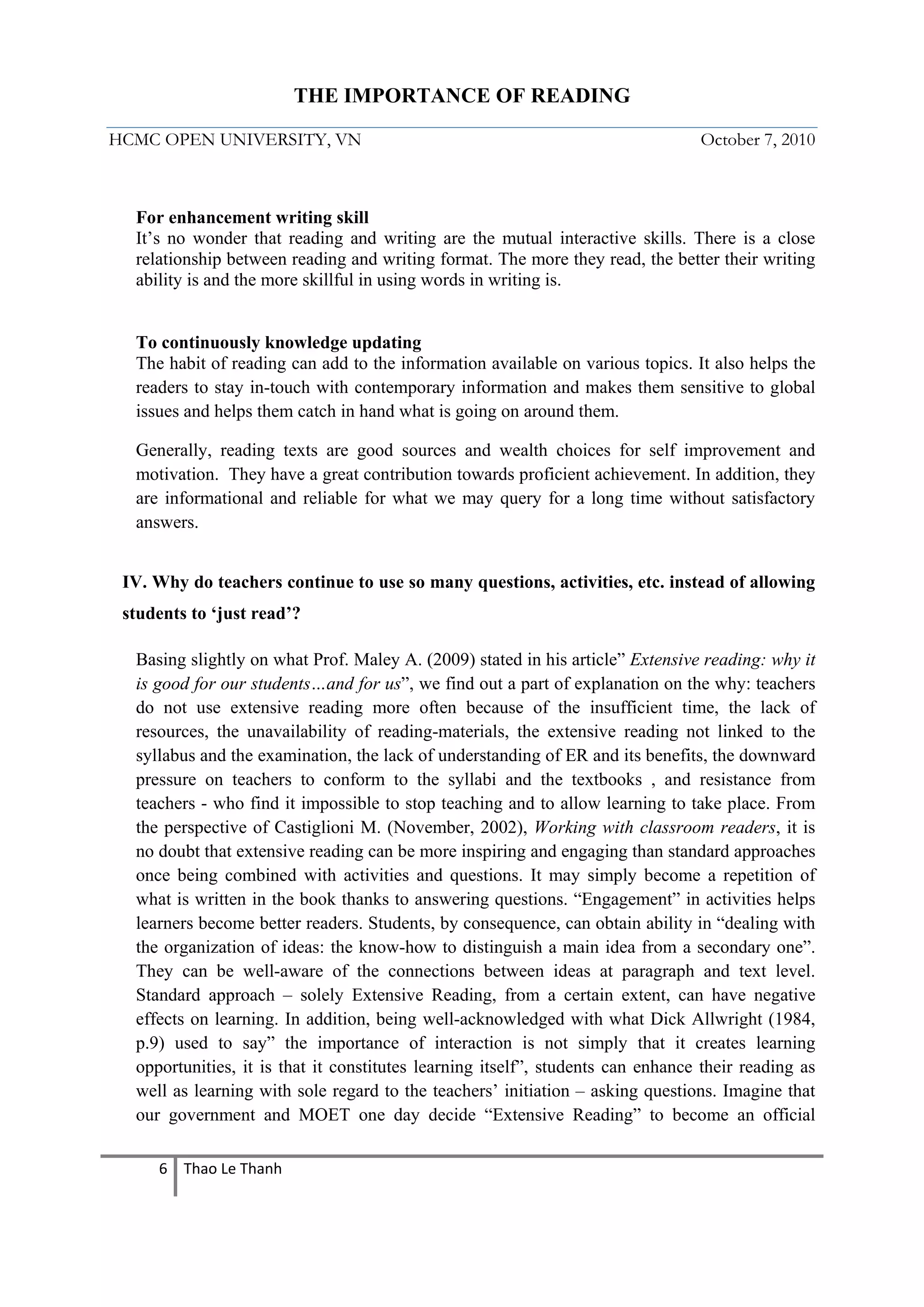 The importance of reading on teaching and learning | PDF