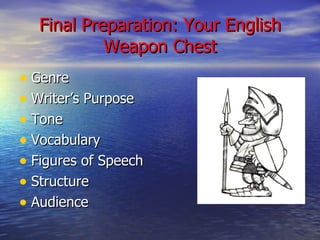 Final Preparation: Your English Weapon Chest <ul><li>Genre </li></ul><ul><li>Writer’s Purpose </li></ul><ul><li>Tone </li>...