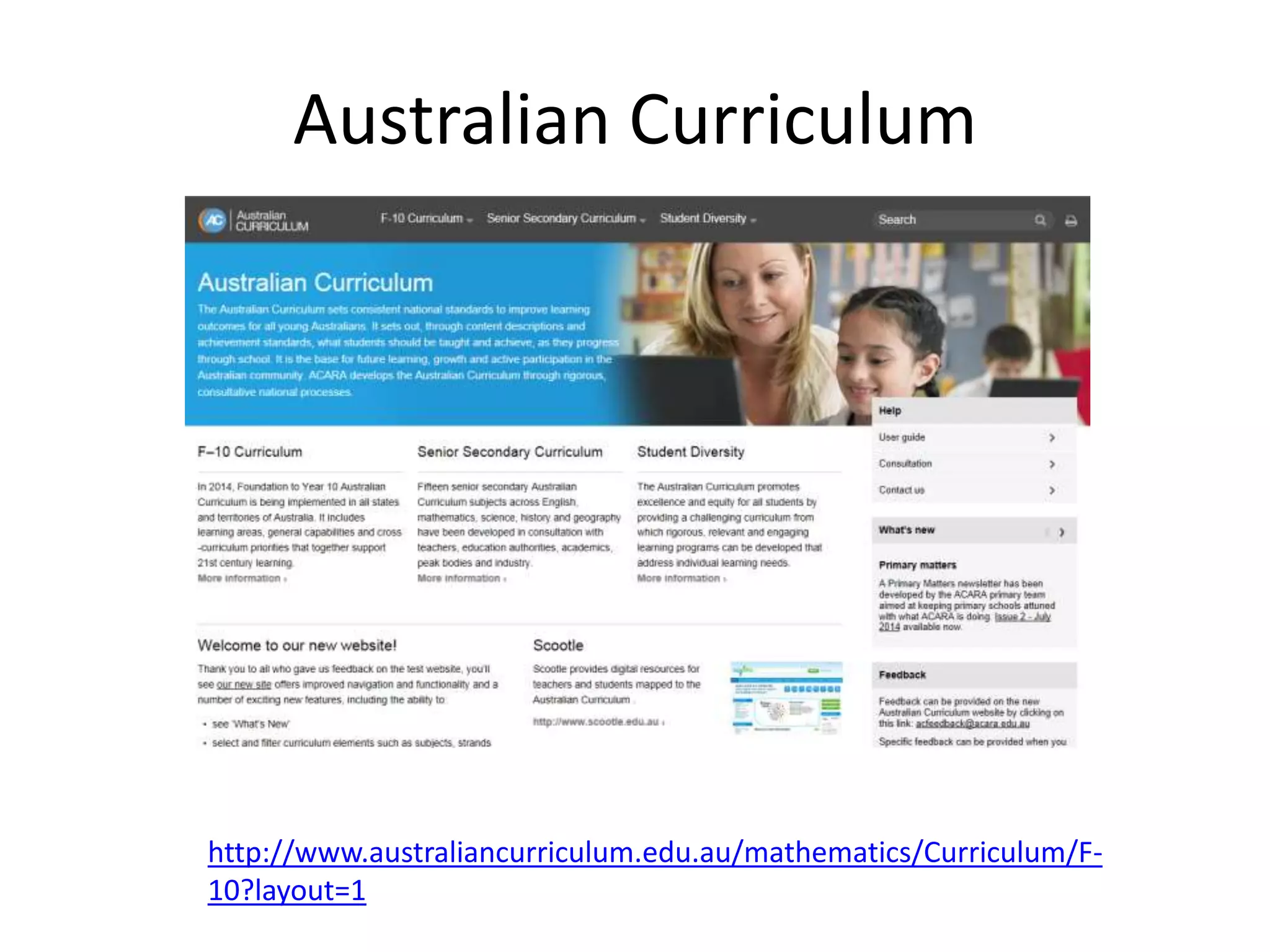 Australian Curriculum 
http://www.australiancurriculum.edu.au/mathematics/Curriculum/F- 
10?layout=1 
 
