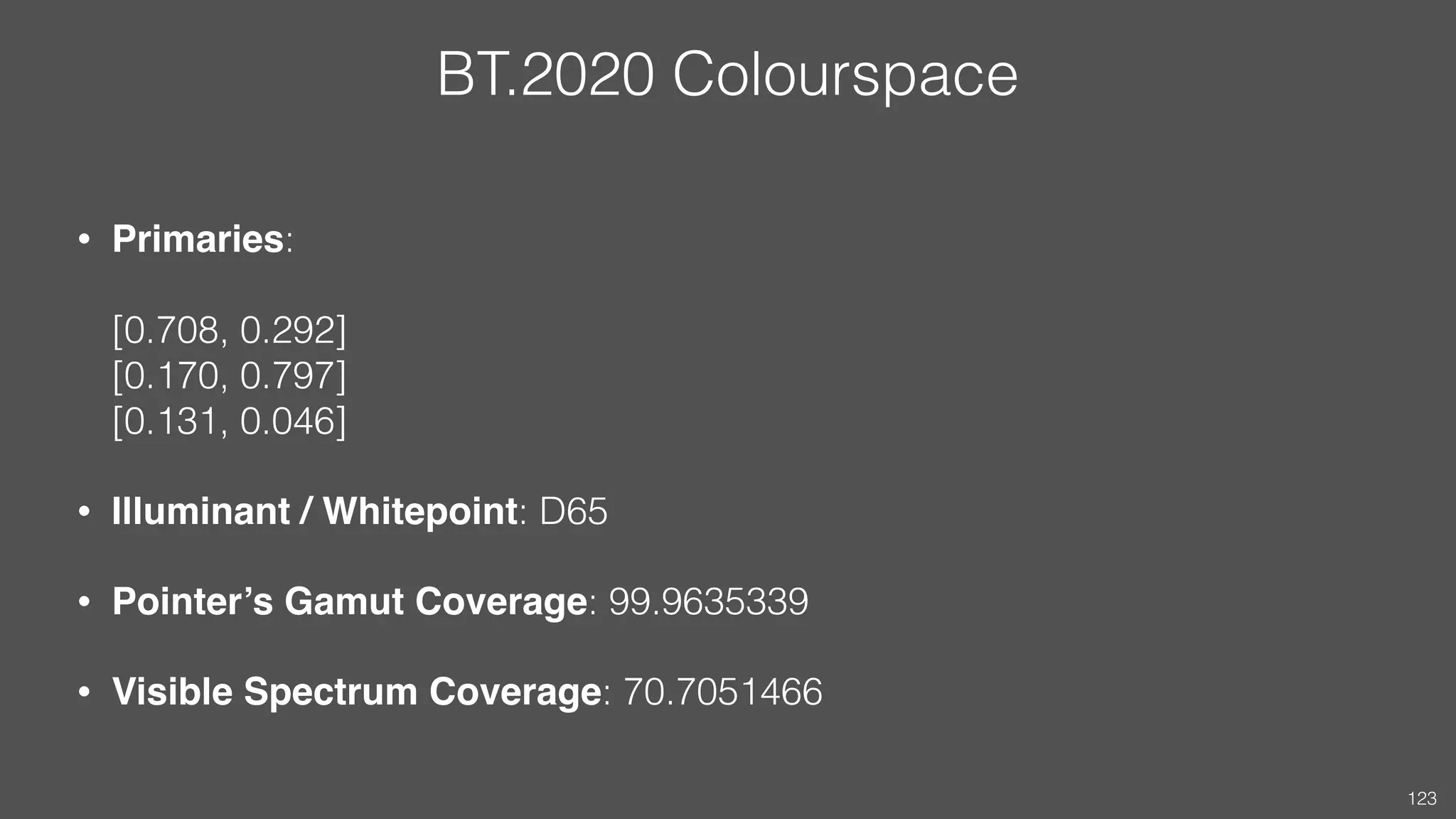 BT.2020 Colourspace
• Primaries:  
 
[0.708, 0.292] 
[0.170, 0.797] 
[0.131, 0.046]
• Illuminant / Whitepoint: D65
• Pointer’s Gamut Coverage: 99.9635339
• Visible Spectrum Coverage: 70.7051466
123
 