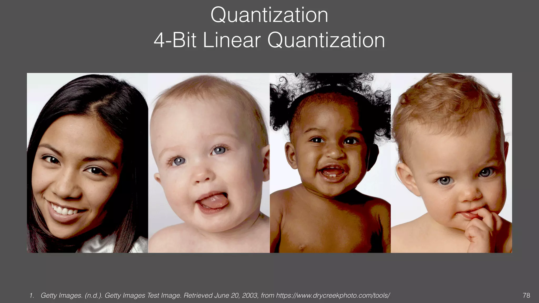 Quantization
4-Bit Linear Quantization
1. Getty Images. (n.d.). Getty Images Test Image. Retrieved June 20, 2003, from https://www.drycreekphoto.com/tools/ 78
 