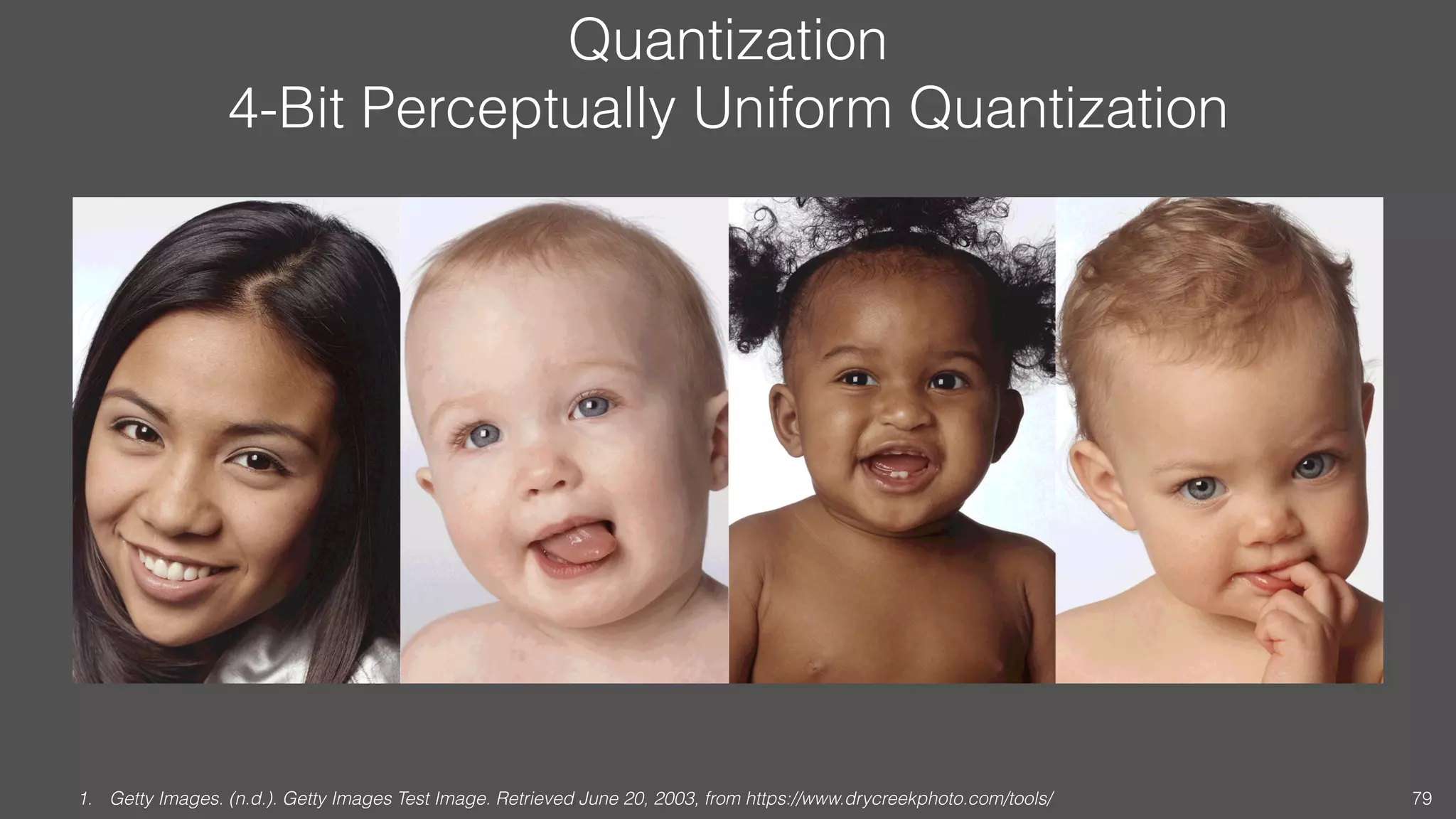 Quantization
4-Bit Perceptually Uniform Quantization
1. Getty Images. (n.d.). Getty Images Test Image. Retrieved June 20, 2003, from https://www.drycreekphoto.com/tools/ 79
 