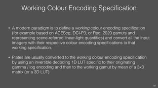 Working Colour Encoding Speciﬁcation
• A modern paradigm is to deﬁne a working colour encoding speciﬁcation
(for example b...
