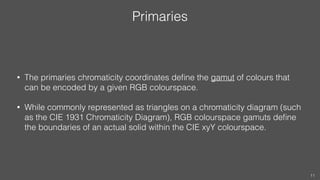 Primaries
• The primaries chromaticity coordinates deﬁne the gamut of colours that
can be encoded by a given RGB colourspace.
• While commonly represented as triangles on a chromaticity diagram (such
as the CIE 1931 Chromaticity Diagram), RGB colourspace gamuts deﬁne
the boundaries of an actual solid within the CIE xyY colourspace.
11
 