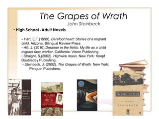 The Grapes of Wrath
John Steinbeck
• High School -Adult Novels
- Hart, E.T.(1999). Barefoot heart: Stories of a migrant
child. Arizona: Bilingual Review Press
- Hill, J. (2010).Dreamer in the fields: My life as a child
migrant farm worker. California: Vision Publishing.
- Straight, S.(2002). Highwire moon. New York: Knopf
Doubleday Publishing.
- Steinbeck, J. (2002). The Grapes of Wrath. New York:
Penguin Publishers.
 