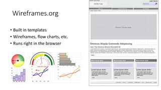 Wireframes.org
• Built in templates
• Wireframes, flow charts, etc.
• Runs right in the browser
 