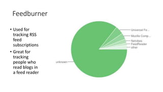 Feedburner
• Used for
tracking RSS
feed
subscriptions
• Great for
tracking
people who
read blogs in
a feed reader
 