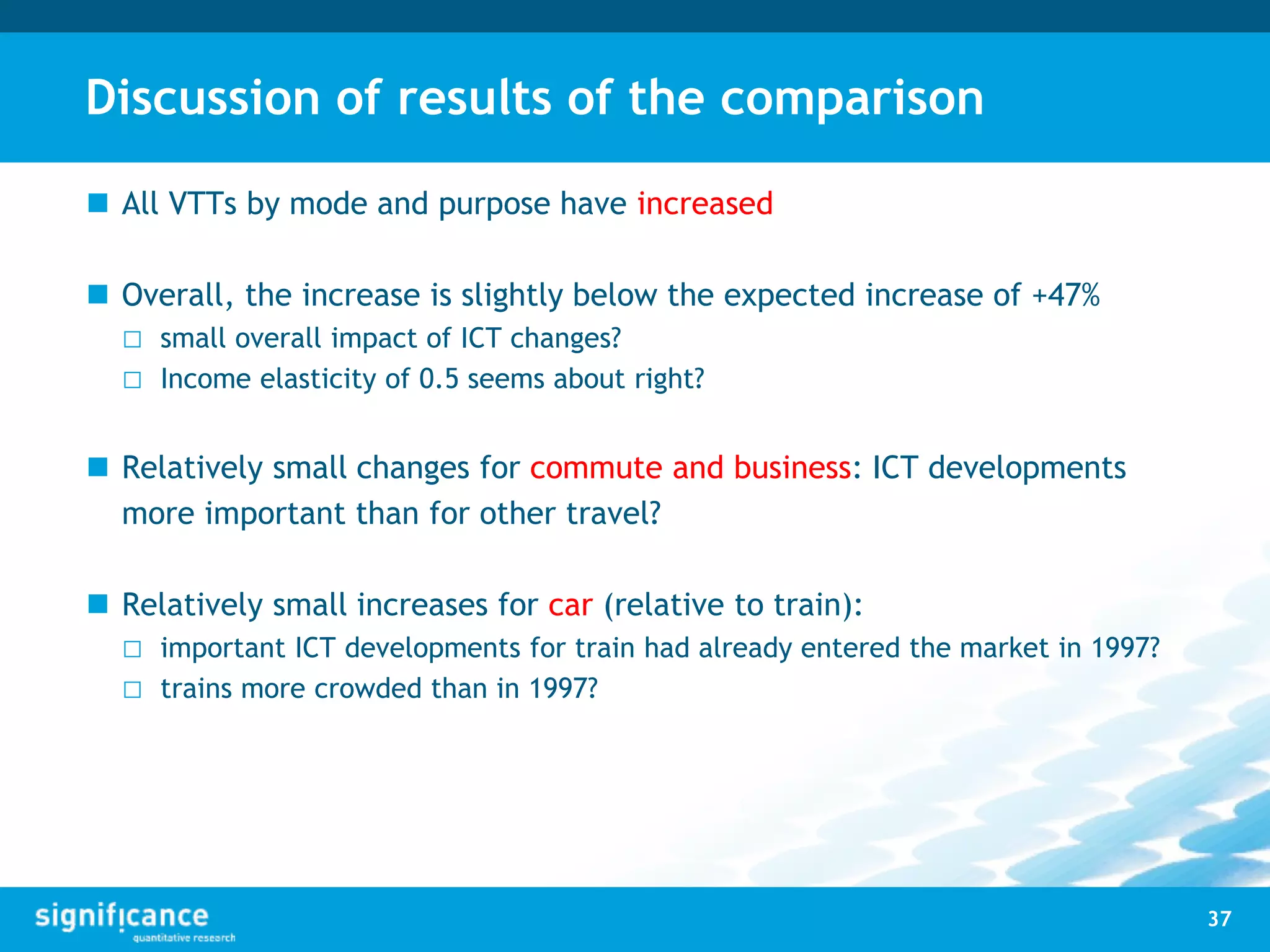Discussion of results of the comparison
 All VTTs by mode and purpose have increased
 Overall, the increase is slightly below the expected increase of +47%
□ small overall impact of ICT changes?
□ Income elasticity of 0.5 seems about right?
 Relatively small changes for commute and business: ICT developments
more important than for other travel?
 Relatively small increases for car (relative to train):
□ important ICT developments for train had already entered the market in 1997?
□ trains more crowded than in 1997?
37
 