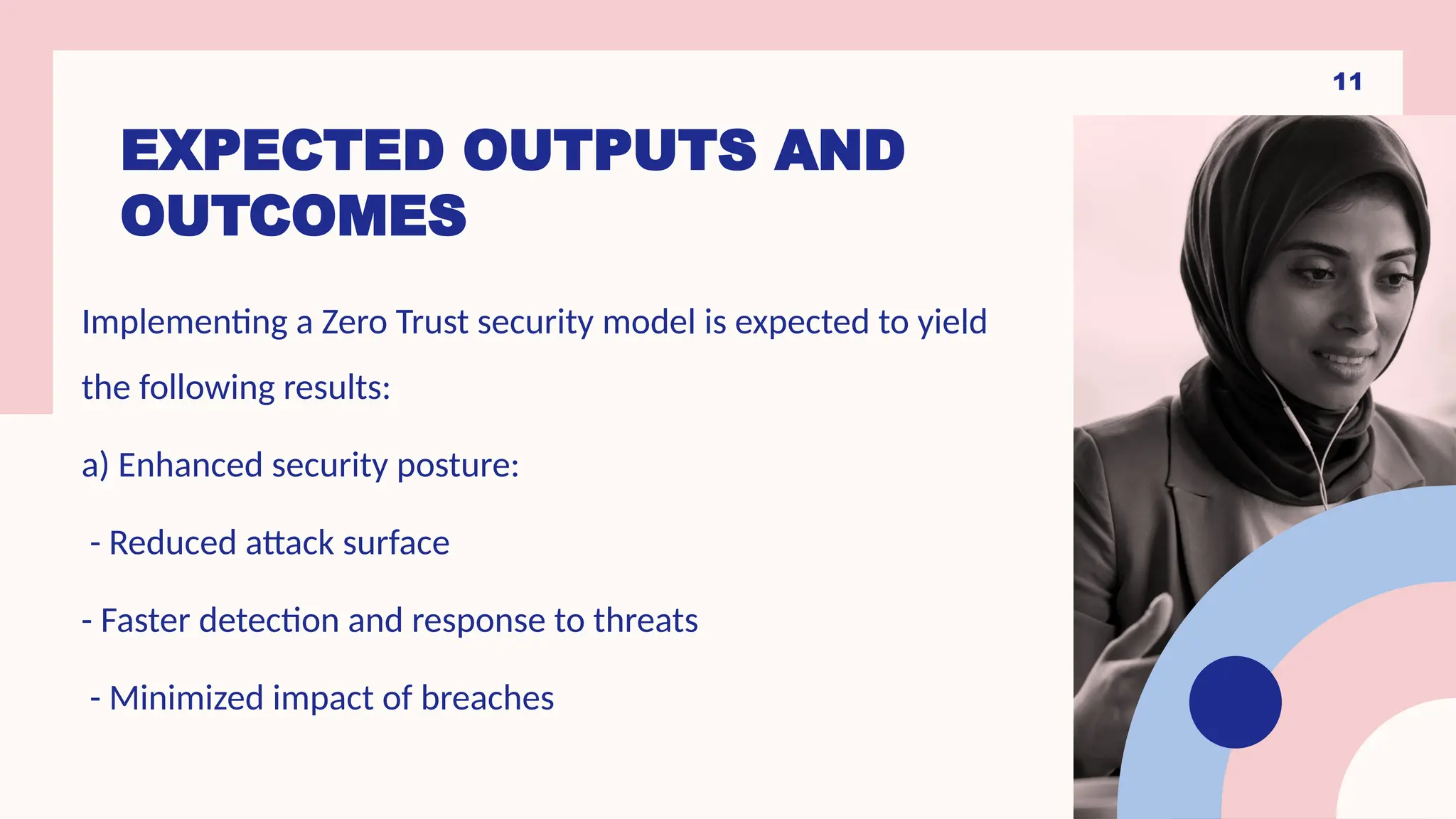 EXPECTED OUTPUTS AND
OUTCOMES
Implementing a Zero Trust security model is expected to yield
the following results:
a) Enhanced security posture:
- Reduced attack surface
- Faster detection and response to threats
- Minimized impact of breaches
11
 