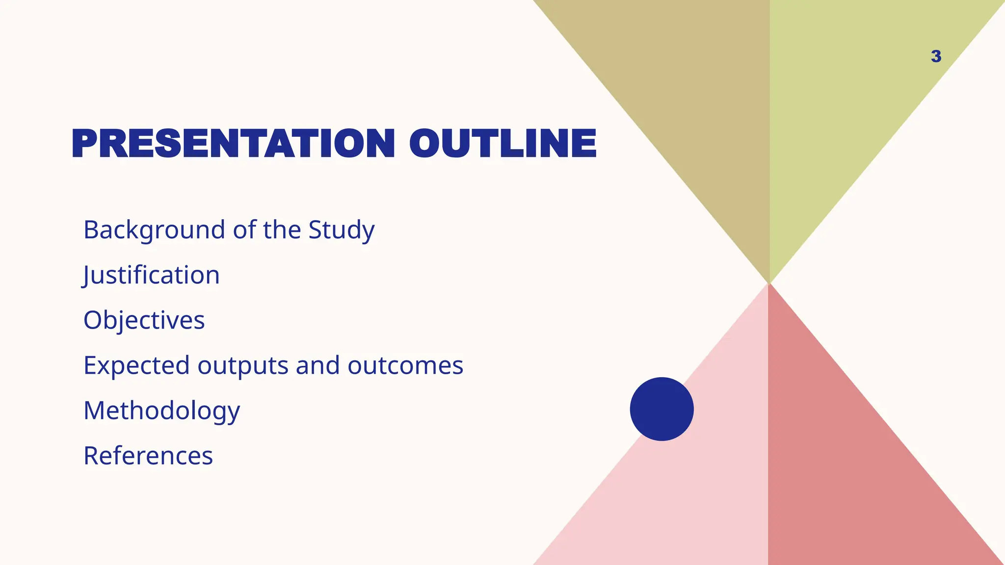 PRESENTATION OUTLINE
Background of the Study
Justification
Objectives
Expected outputs and outcomes
Methodology
References
3
 