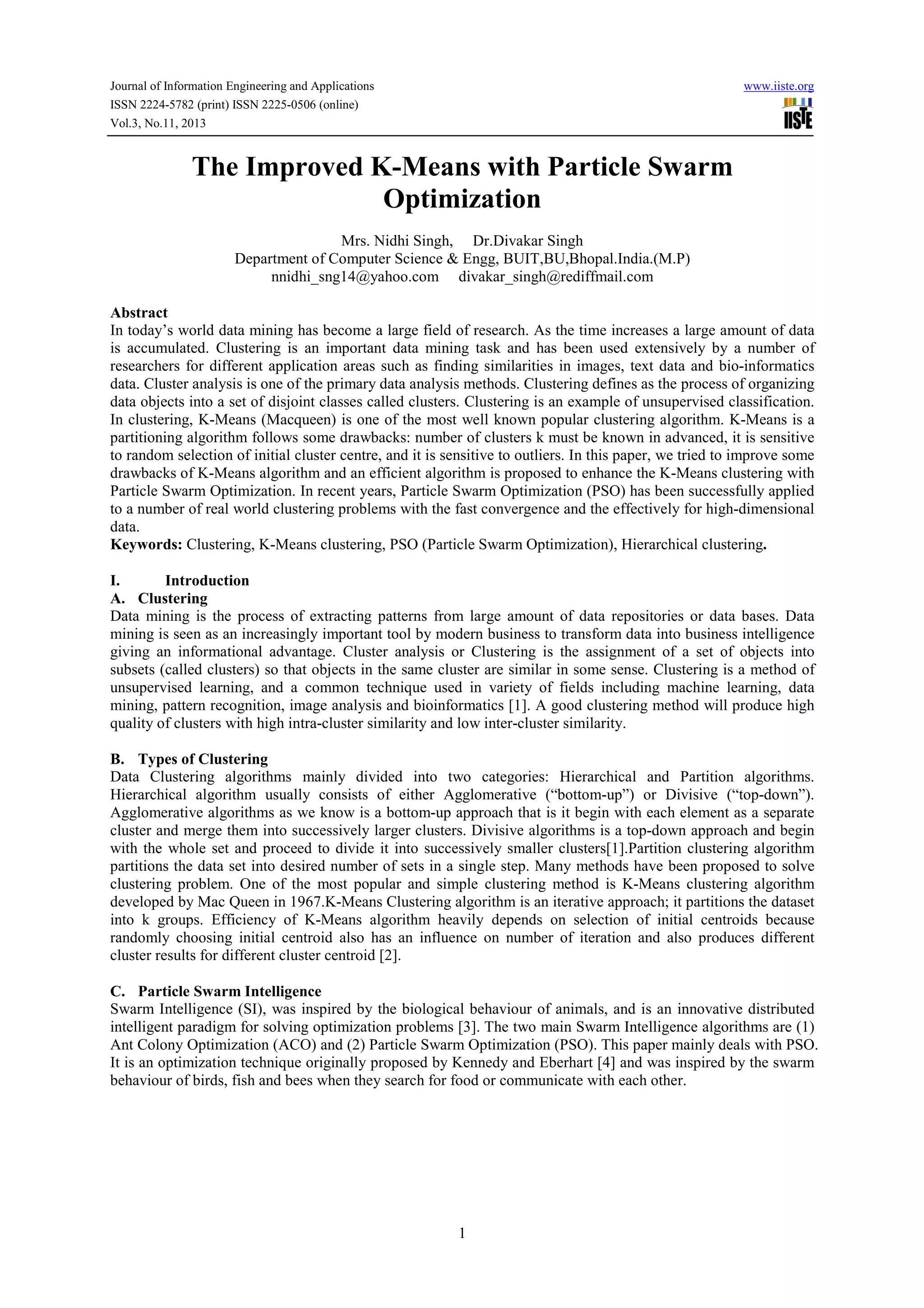 The improved k means with particle swarm optimization | PDF