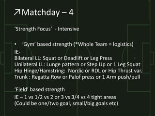 ↗Matchday – 4
‘Strength Focus’ - Intensive
• ‘Gym’ based strength (*Whole Team = logistics)
IE-
Bilateral LL: Squat or Dea...