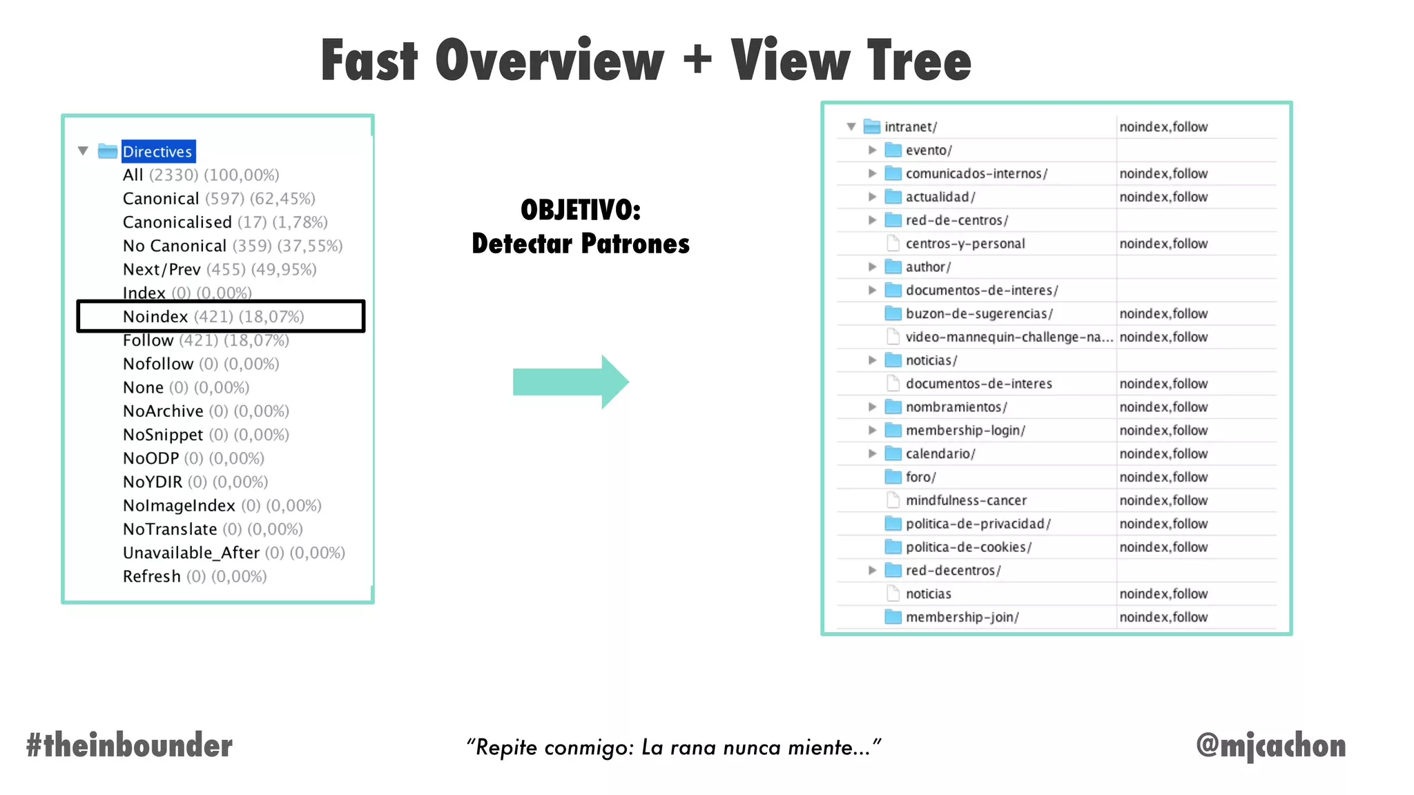 @mjcachon#theinbounder
Fast Overview + View Tree
“Repite conmigo: La rana nunca miente…”
OBJETIVO:
Detectar Patrones
 