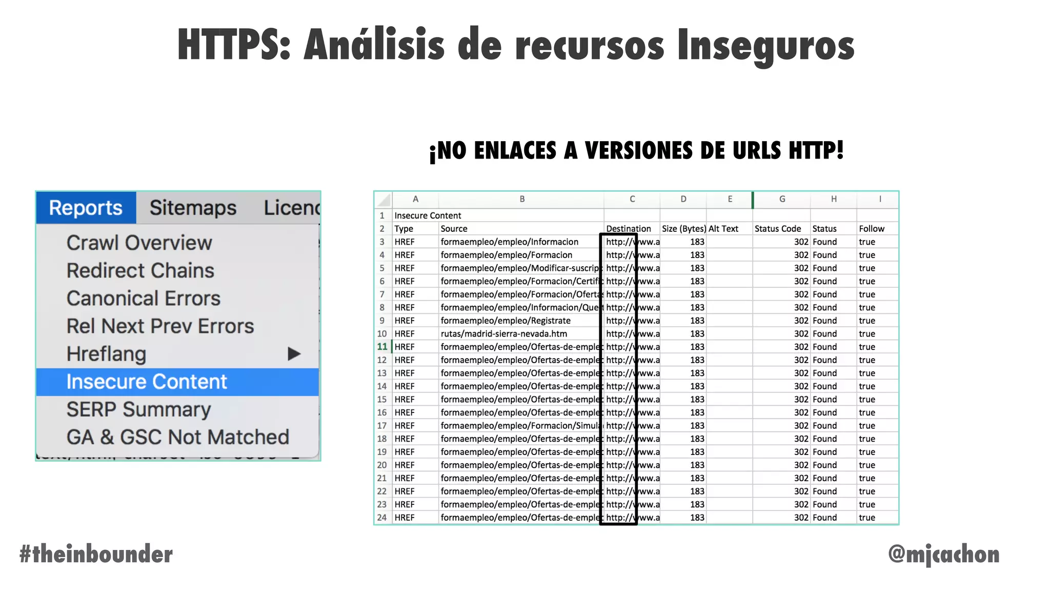 @mjcachon#theinbounder
HTTPS: Análisis de recursos Inseguros
¡NO ENLACES A VERSIONES DE URLS HTTP!
 