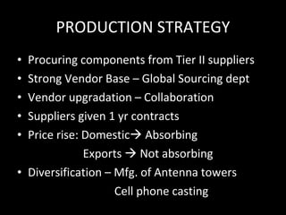PRODUCTION STRATEGY Procuring components from Tier II suppliers Strong Vendor Base – Global Sourcing dept Vendor upgradation – Collaboration Suppliers given 1 yr contracts Price rise: Domestic   Absorbing Exports    Not absorbing Diversification – Mfg. of Antenna towers Cell phone casting 