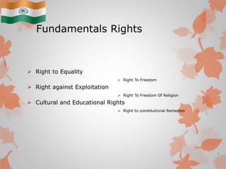 Fundamentals Rights
 Right to Equality
 Right To Freedom
 Right against Exploitation
 Right To Freedom Of Religion
 Cultural and Educational Rights
 Right to constitutional Remedies
 