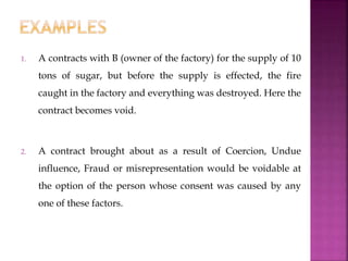 1. A contracts with B (owner of the factory) for the supply of 10
tons of sugar, but before the supply is effected, the fire
caught in the factory and everything was destroyed. Here the
contract becomes void.
2. A contract brought about as a result of Coercion, Undue
influence, Fraud or misrepresentation would be voidable at
the option of the person whose consent was caused by any
one of these factors.
 