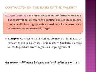 4. Illegal Contract: It is a contract which the law forbids to be made.
The court will not enforce such a contract but also the connected
contracts. All illegal agreements are void but all void agreements
or contracts are not necessarily illegal.
 Examples: Contract to commit crime. Contract that is immoral or
opposed to public policy are illegal in nature. Similarly, R agrees
with S, to purchase brown sugar is an illegal agreement.
Assignment- difference between void and voidable contracts
 