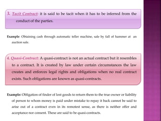 3. Tacit Contract: it is said to be tacit when it has to be inferred from the
conduct of the parties.
Example: Obtaining cash through automatic teller machine, sale by fall of hammer at an
auction sale.
4. Quasi-Contract: A quasi-contract is not an actual contract but it resembles
to a contract. It is created by law under certain circumstances the law
creates and enforces legal rights and obligations when no real contract
exists. Such obligations are known as quasi-contracts.
Example: Obligation of finder of lost goods to return them to the true owner or liability
of person to whom money is paid under mistake to repay it back cannot be said to
arise out of a contract even in its remotest sense, as there is neither offer and
acceptance nor consent. These are said to be quasi-contracts.
 