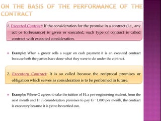 1. Executed Contract: If the consideration for the promise in a contract (i.e., any
act or forbearance) is given or executed, such type of contract is called
contract with executed consideration.
 Example: When a grocer sells a sugar on cash payment it is an executed contract
because both the parties have done what they were to do under the contract.
2. Executory Contract: It is so called because the reciprocal promises or
obligation which serves as consideration is to be performed in future.
 Example: Where G agrees to take the tuition of H, a pre-engineering student, from the
next month and H in consideration promises to pay G ` 1,000 per month, the contract
is executory because it is yet to be carried out.
 