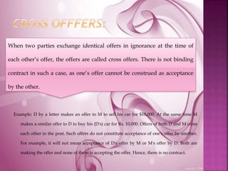 Example: D by a letter makes an offer to M to sell his car for $10,000. At the same time M
makes a similar offer to D to buy his (D's) car for Rs. 10,000. Offers of both D and M cross
each other in the post. Such offers do not constitute acceptance of one's offer by another.
For example, it will not mean acceptance of D's offer by M or M's offer by D. Both are
making the offer and none of them is accepting the offer. Hence, there is no contract.
When two parties exchange identical offers in ignorance at the time of
each other’s offer, the offers are called cross offers. There is not binding
contract in such a case, as one’s offer cannot be construed as acceptance
by the other.
 