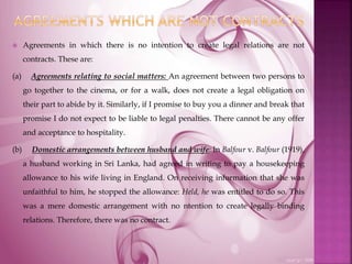 Agreements in which there is no intention to create legal relations are not
contracts. These are:
(a) Agreements relating to social matters: An agreement between two persons to
go together to the cinema, or for a walk, does not create a legal obligation on
their part to abide by it. Similarly, if I promise to buy you a dinner and break that
promise I do not expect to be liable to legal penalties. There cannot be any offer
and acceptance to hospitality.
(b) Domestic arrangements between husband and wife: In Balfour v. Balfour (1919),
a husband working in Sri Lanka, had agreed in writing to pay a housekeeping
allowance to his wife living in England. On receiving information that she was
unfaithful to him, he stopped the allowance: Held, he was entitled to do so. This
was a mere domestic arrangement with no ntention to create legally binding
relations. Therefore, there was no contract.
 