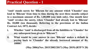 Practical Question - 1
'Amit' stands surety for 'Bikram for any amount which 'Chander' may
lend to 'Bikram' from time to time during the next three months subject
to a maximum amount of Rs. 1,00,000 (one lakh only). One month later
'Amit' revokes the surety, when 'Chander' had already lent to 'Bikram'
Rs. 10,000 (ten thousand). Referring to the provisions of the Indian
Contract Act, 1872, decide:
i. Whether 'Amit' is discharged from all the liabilities to 'Chander' for
any subsequent loan given to 'Bikram’?
ii. What would be your answer in case 'Bikram' makes a default in
paying back to 'Chander' the already borrowed amount of Rs.
10000?
(May 2006)(Nov. 2015/2002/2017) (May 2019) (RTP N 20)
 