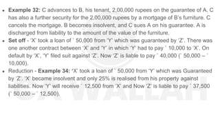 ● Example 32: C advances to B, his tenant, 2,00,000 rupees on the guarantee of A. C
has also a further security for the 2,00,000 rupees by a mortgage of B’s furniture. C
cancels the mortgage. B becomes insolvent, and C sues A on his guarantee. A is
discharged from liability to the amount of the value of the furniture.
● Set off - ‘X’ took a loan of ` 50,000 from ‘Y’ which was guaranteed by ‘Z’. There was
one another contract between ‘X’ and ‘Y’ in which ‘Y’ had to pay ` 10,000 to ‘X’. On
default by ‘X’, ‘Y’ filed suit against ‘Z’. Now ‘Z’ is liable to pay ` 40,000 (` 50,000 – `
10,000).
● Reduction - Example 34: ‘X’ took a loan of ` 50,000 from ‘Y’ which was Guaranteed
by ‘Z’. ‘X’ became insolvent and only 25% is realised from his property against
liabilities. Now ‘Y’ will receive ` 12,500 from ‘X’ and Now ‘Z’ is liable to pay ` 37,500
(` 50,000 – ` 12,500).
 