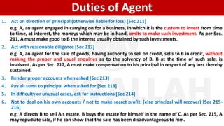 Duties of Agent
1. Act on direction of principal (otherwise liable for loss) [Sec 211]
e.g. A, an agent engaged in carrying on for a business, in which it is the custom to invest from time
to time, at interest, the moneys which may be in hand, omits to make such investment. As per Sec.
211, A must make good to B the interest usually obtained by such investments.
2. Act with reasonable diligence [Sec 212]
e.g. A, an agent for the sale of goods, having authority to sell on credit, sells to B in credit, without
making the proper and usual enquiries as to the solvency of B. B at the time of such sale, is
insolvent. As per Sec. 212, A must make compensation to his principal in respect of any loss thereby
sustained.
3. Render proper accounts when asked [Sec 213]
4. Pay all sums to principal when asked for [Sec 218]
5. In difficulty or unusual cases, ask for instructions [Sec 214]
6. Not to deal on his own accounts / not to make secret profit. (else principal will recover) [Sec 215-
216]
e.g. A directs B to sell A's estate. B buys the estate for himself in the name of C. As per Sec. 215, A
may repudiate sale, if he can show that the sale has been disadvantageous to him.
 