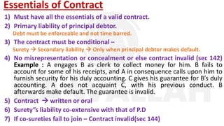 Essentials of Contract
1) Must have all the essentials of a valid contract.
2) Primary liability of principal debtor.
Debt must be enforceable and not time barred.
3) The contract must be conditional –
Surety  Secondary liability  Only when principal debtor makes default.
4) No misrepresentation or concealment or else contract invalid (sec 142)
Example : A engages B as clerk to collect money for him. B fails to
account for some of his receipts, and A in consequence calls upon him to
furnish security for his duly accounting. C gives his guarantee for B’s duly
accounting. A does not acquaint C, with his previous conduct. B
afterwards make default. The guarantee is invalid.
5) Contract  written or oral
6) Surety”s liability co-extensive with that of P.D
7) If co-sureties fail to join – Contract invalid(sec 144)
 