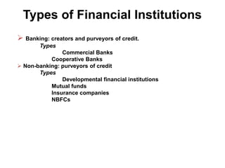 Types of Financial Institutions
 Banking: creators and purveyors of credit.
Types
Commercial Banks
Cooperative Banks
 Non-banking: purveyors of credit
Types
Developmental financial institutions
Mutual funds
Insurance companies
NBFCs

 