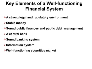 Key Elements of a Well-functioning
Financial System
A strong legal and regulatory environment
Stable money
Sound public finances and public debt management
A central bank

Sound banking system
Information system
Well-functioning securities market

 