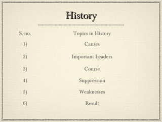 Causes
Political Causes:
Resentment at the Westernising Policies such as
Subsidiary Alliance and Doctrine of Lapse which
led to annexation of the states
Economic Causes:
Created Unemployment
Ruined Indian Handcrafts
Affected Trade and Agriculture

 