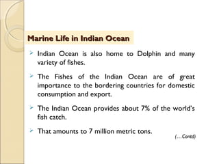  Indian Ocean is also home to Dolphin and many
variety of fishes.
 The Fishes of the Indian Ocean are of great
importance to the bordering countries for domestic
consumption and export.
 The Indian Ocean provides about 7% of the world’s
fish catch.
 That amounts to 7 million metric tons.
Marine Life in Indian OceanMarine Life in Indian Ocean
(…Contd)
 