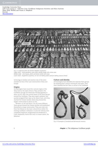 Cambridge University Press 
978-0-521-43544-4 - Liberties Lost: Caribbean Indigenous Societies and Slave Systems 
Hilary McD. Beckles and Verene A. Shepherd 
Excerpt 
More information 
Fig 1.5 Collection from the Kitchen Middens of Jamaica: 
Upper shelf – stone pendants, stone idols, spindle shape celts, stone axes 
Middle shelf – celts (axes), shells and bones of fish and coney 
Lower shelf – fragments of pottery. At rear are baking slabs used for baking cassava bread 
technology in textiles and ceramics was of the same 
standard as that of the rural communities of Asia and 
Europe. 
Origins 
Archaeologists have traced the cultural origins of the 
Taino back to the lower Orinoco. They arrived in the 
Caribbean through the Venezuela-Trinidad gateway in 
about 300 BC. After that several waves of the Taino groups 
entered the Caribbean. They were expert seafarers, and 
quickly navigated their way up the island chain until they 
reached the Greater Antilles where they formed the 
largest communities in about 250 AD. 
Between 250 AD and about 1000 AD many different 
Taino groups entered the Greater Antilles and established 
themselves as large communities. They soon took over 
from the Ciboney as the main cultural force within the 
evolving Caribbean civilisation. In time the Ciboney were 
completely displaced, marginalised and weakened in 
Cuba, Hispaniola, Puerto Rico and, to a lesser extent, the 
Bahamas. 
Culture and identity 
Archaeologists have identified two separate Taino groups 
by analysing their ceramic techniques and styles. They 
have classified the first Taino to arrive in the Caribbean 
Fig 1.6 Examples of Saladoid and Barrancoid ceramics 
6 chapter 1 | The indigenous Caribbean people 
© in this web service Cambridge University Press www.cambridge.org 
 