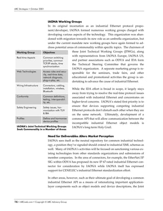 6S8ÃT‡…h‡rtvr†Ã‡ÃPp‡‚ir…Ã!   Ã




                                    Within the system itself, OLE and Active X are employed for object handling
                                    in the engineering and HMI environments.

                                    Machine builders or other system developers will use the programming or
                                    configuration software that comes with their controllers to create the actual
                                    automation objects and their functionality. For example, in the Siemens envi-
                                    ronment a machine builder would use Step 7 software to create object
                                    functionality specific to their machine and then the PROFInet engineering
                                    tool to turn it into a COM-based object for use in the PROFInet environment.
                                    As this example illustrates, the PROFInet concept hinges on implementation
                                    of the Microsoft-defined object interfaces rather than definition of the actual
                                    library of automation objects.

                                                                     PROFInet extends its component-based ap-
                                                                     proach to the device or I/O level by
   352),QHW
I‚Ã‡v€rp…v‡vphy                                                  incorporating     devices   on    non-Ethernet
                                                                     automation networks, including real-time
                                             GvxvtQ…‚‘’Ã          device networks, via proxy. With this con-
                                                9r‰vpr

                                                                     cept, each I/O-level device is made into a
                                                                     COM-based automation object that can be
   Srhy‡v€r
                                   RIO                               recognized and manipulated in the PROFI-
                                                                     net environment.       Ability to incorporate
      352),QHW ,QFRUSRUDWHV 352),EXV 'HYLFHV E 3UR[
             7XUQLQJ 7KHP LQWR '20 2EMHFWV                          device networks by proxy is said to extend to
                                                                     both PROFIbus and non-PROFIbus device
                                    networks alike but to date this capability has not been demonstrated.


                                    $ *OLPSVH DW WKH 6LHPHQV 6WUDWHJ IRU 352),QHW
                                    With the development work on Stage 1 of the PROFInet protocol just com-
                                    pleted, the market will likely have to wait until the end of this year to see the
                                    first compatible products actually shipping. One of the earliest Siemens
                                    products announced by Siemens is their iMAP engineering software. iMAP
                                    marries PROFInet and Siemens’ Component-based Automation strategy and
                                    is a key part of the company’s emphasis on reducing engineering costs for
                                    builders of complex machines and others with similar engineering require-
                                    ments.

                                    Component-based Automation is a subset of the Totally Integrated Automa-
                                    tion strategy announced by Siemens several years ago. Component-based
                                    automation targets system modularization through the use of Microsoft-
                                    based component technology. Execution of this strategy in the machine con-
                                    trol segment is evident as the company goes to market with the PROFInet



Ã‡Ã6S8rip‚€Ã‡Ã8‚ƒ’…vtu‡Ã‹Ã6S8Ã6q‰v†‚…’ÃB…‚ˆƒ
 