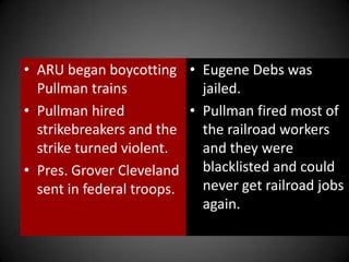 • ARU began boycotting
Pullman trains
• Pullman hired
strikebreakers and the
strike turned violent.
• Pres. Grover Cleveland
sent in federal troops.
• Eugene Debs was
jailed.
• Pullman fired most of
the railroad workers
and they were
blacklisted and could
never get railroad jobs
again.
 