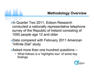 Methodology Overview
»In Quarter Two 2011, Edison Research
conducted a nationally representative telephone
survey of the Republic of Ireland consisting of
1000 people age 12 and older
»Data compared with February 2011 American
“Infinite Dial” study
»Asked more than one hundred questions –
• What follows is a ‘highlights tour’ of some key
findings
 