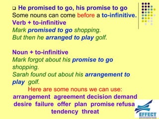  He promised to go, his promise to go
Some nouns can come before a to-infinitive.
Verb + to-infinitive
Mark promised to go shopping.
But then he arranged to play golf.

Noun + to-infinitive
Mark forgot about his promise to go
shopping.
Sarah found out about his arrangement to
play golf.
     Here are some nouns we can use:
arrangement agreement decision demand
desire failure offer plan promise refusal
              tendency threat
 