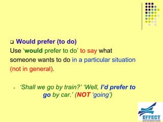 Would prefer (to do)
Use ‘would prefer to do’ to say what
someone wants to do in a particular situation
(not in general).

 -   „Shall we go by train?‟ „Well, I’d prefer to
             go by car.‟ (NOT „going‟)
 
