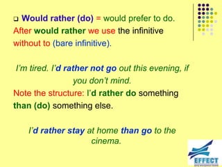 Would rather (do) = would prefer to do.
After would rather we use the infinitive
without to (bare infinitive).

 I‟m tired. I‟d rather not go out this evening, if
                   you don‟t mind.
Note the structure: I’d rather do something
than (do) something else.

    I‟d rather stay at home than go to the
                     cinema.
 