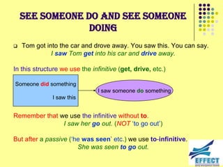 See someone do and see someone
                 doing
   Tom got into the car and drove away. You saw this. You can say.
              I saw Tom get into his car and drive away.

In this structure we use the infinitive (get, drive, etc.)

Someone did something
                                I saw someone do something
              I saw this


Remember that we use the infinitive without to.
               I saw her go out. (NOT ‘to go out’)

But after a passive (‘he was seen’ etc.) we use to-infinitive.
                       She was seen to go out.
 
