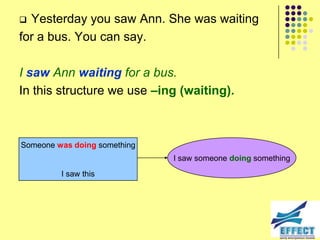  Yesterday you saw Ann. She was waiting
for a bus. You can say.

I saw Ann waiting for a bus.
In this structure we use –ing (waiting).



Someone was doing something
                              I saw someone doing something
         I saw this
 